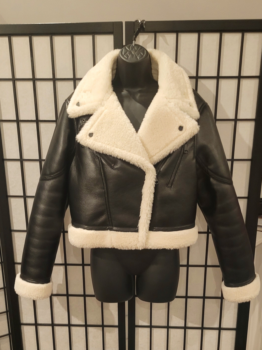 Express Black Faux Leather Teddy Jacket with Cream Shearling